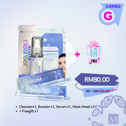 Combo F - Cleanser, Booster, Afterglow Serum , Face Sheet Mask + Free Gift